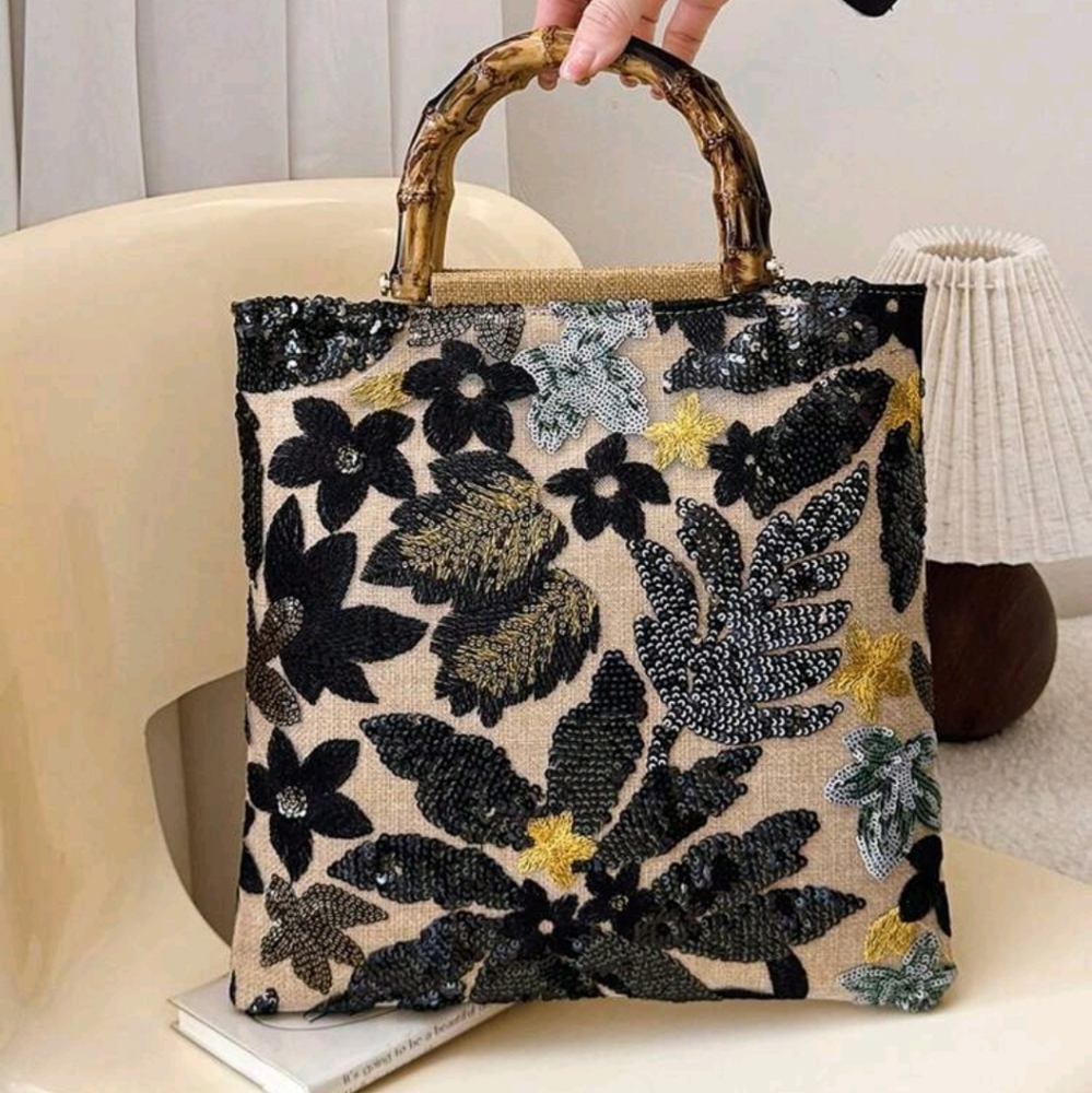 Floral Hand Made  Sequin Embroidered Tote Bag Purse with Bamboo Handle For Woman